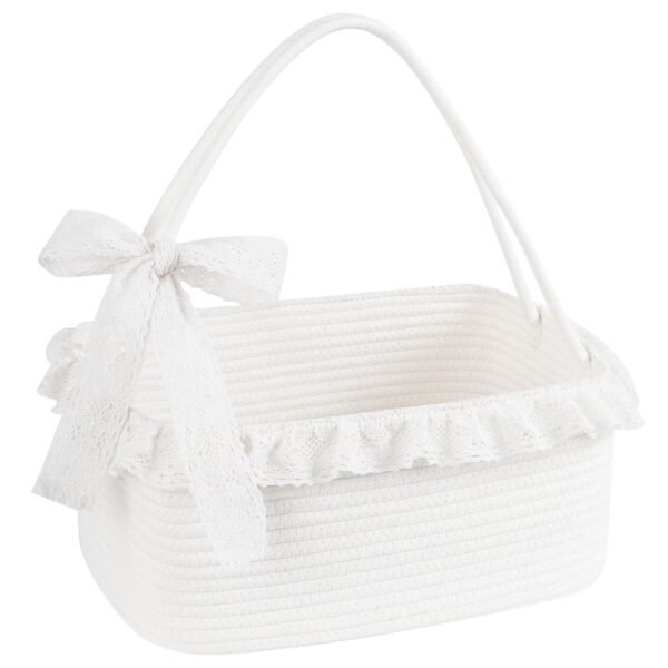 Large Woven Gift Basket with Long Handles, Bag, Ribbons and Lace, White