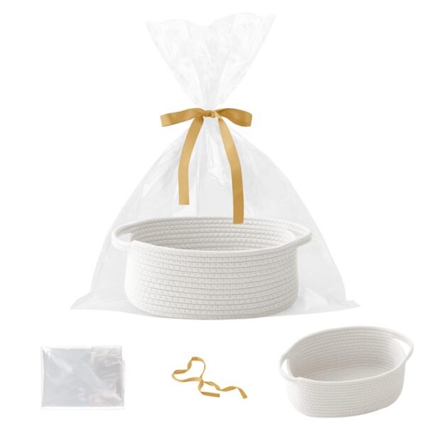 White Woven Rope Gift Basket with Bag and Ribbon
