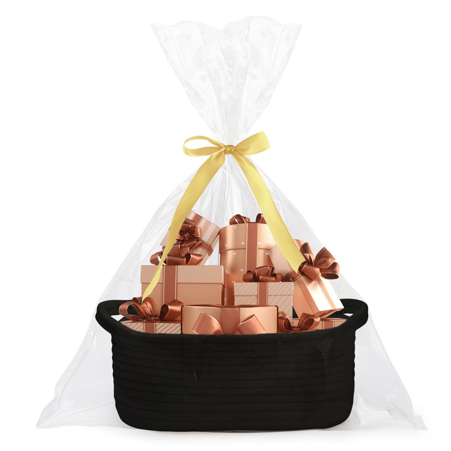Small Woven Rope Gift Basket with Bags and Ribbons, 12" x 8" x 5", Black