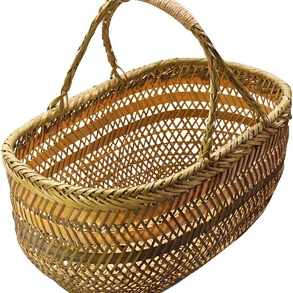 Bamboo Handheld Shopping Basket with Handle for Fruits and Vegetables, 16 5" x 9 8" x 7 1"