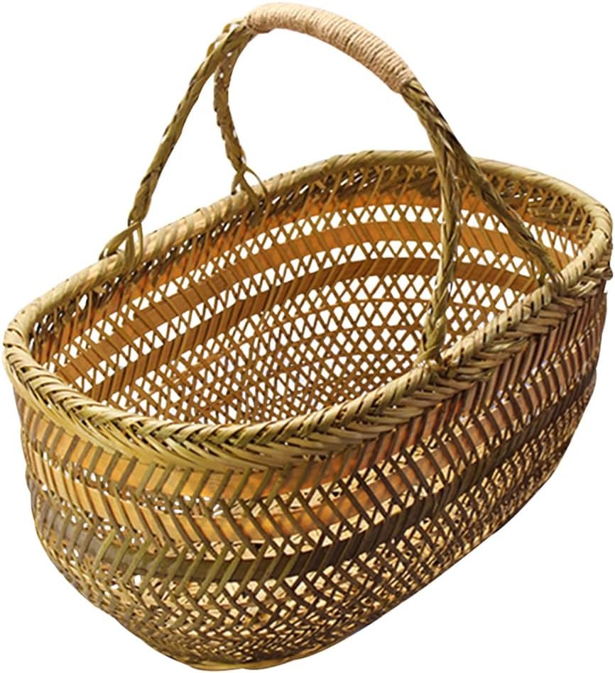 Bamboo Handheld Shopping Basket with Handle for Fruits and Vegetables, 16 5" x 9 8" x 7 1"