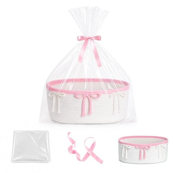 Empty Woven Gift Basket with Handle, Bag and Ribbon
