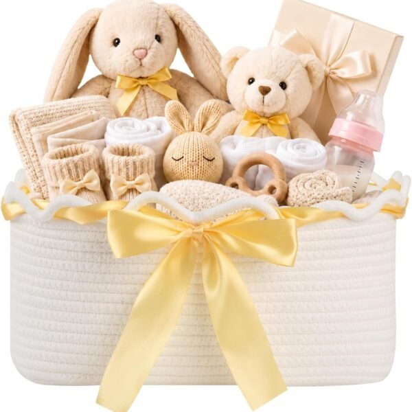 Empty Woven Gift Basket with Gift Bag and Ribbon