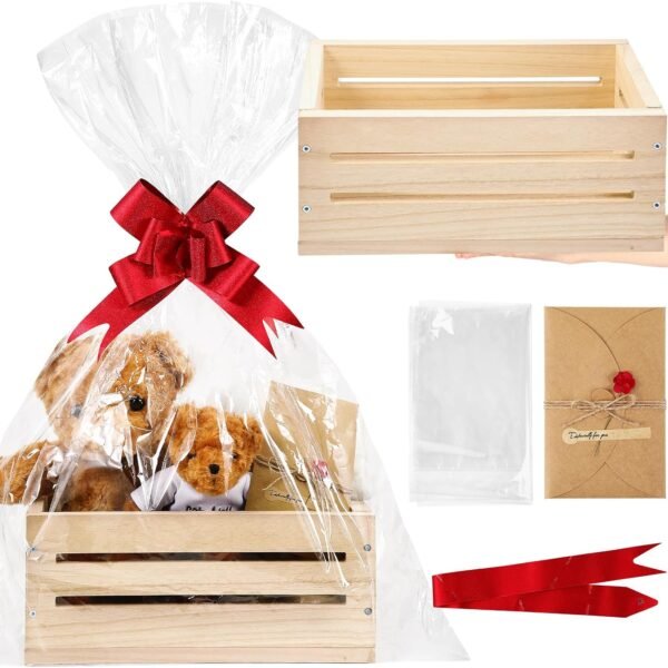 Large Wooden Gift Basket with Bag, Ribbon and Card