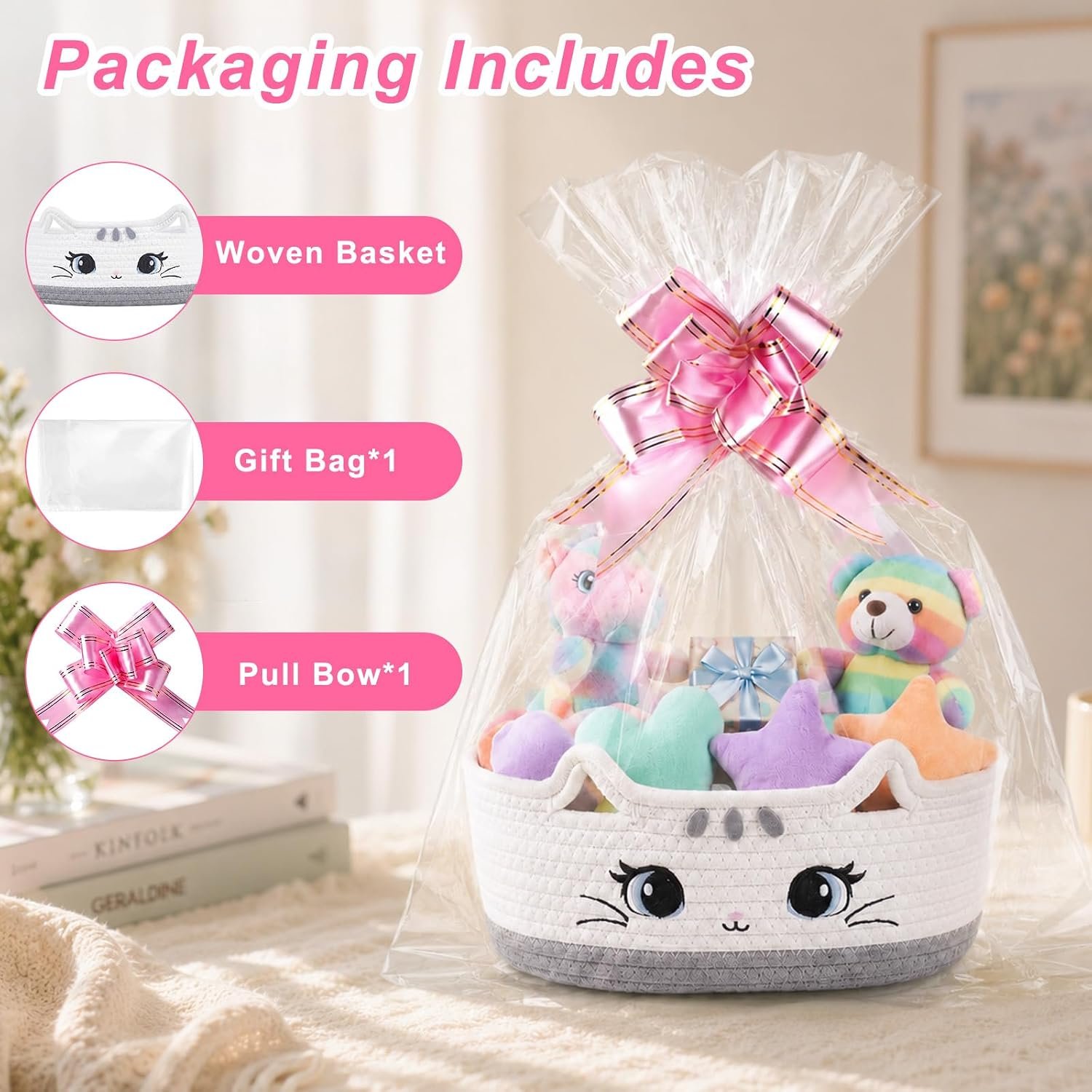 Small Woven Gift Basket with Bags and Ribbons for Nursery and Toy Storage Image 2
