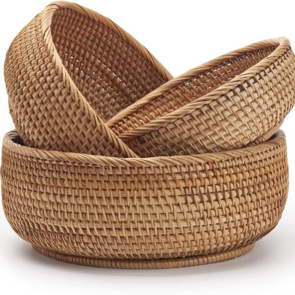 Round Rattan Storage Baskets, Stackable Set of 3