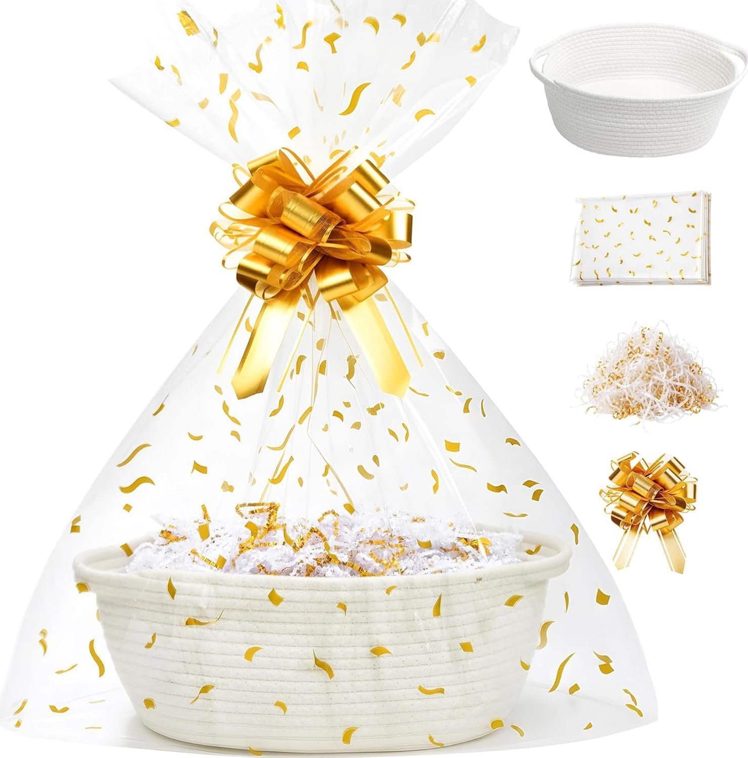 Small Woven Gift Basket Set with Filler, Bow and Bag, 12" x 8" x 5"