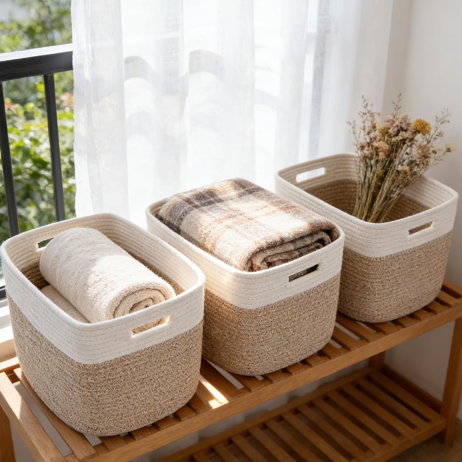 Woven Storage Baskets with Handles, Set of 3
