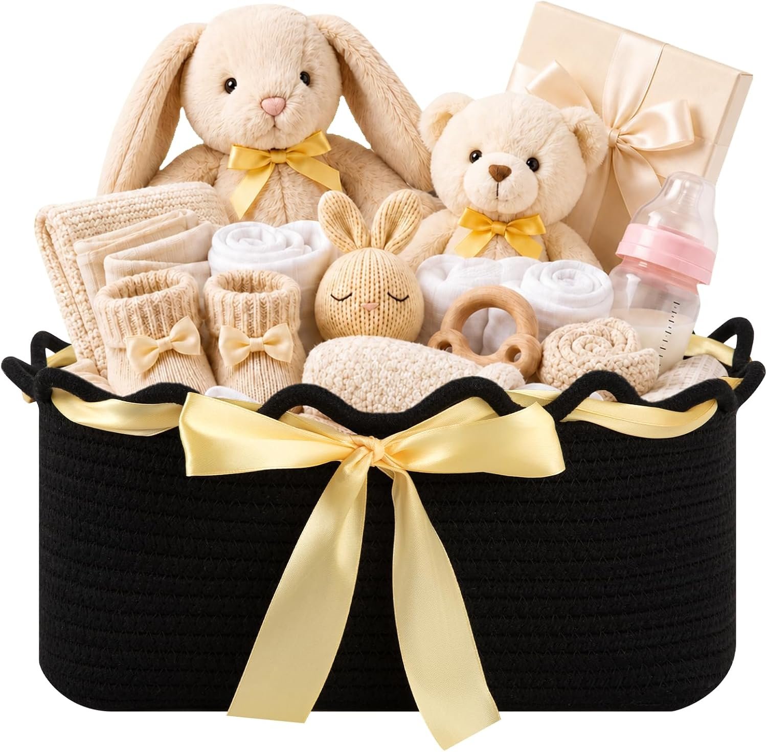 Empty Woven Gift Basket with Gift Bag and Ribbon