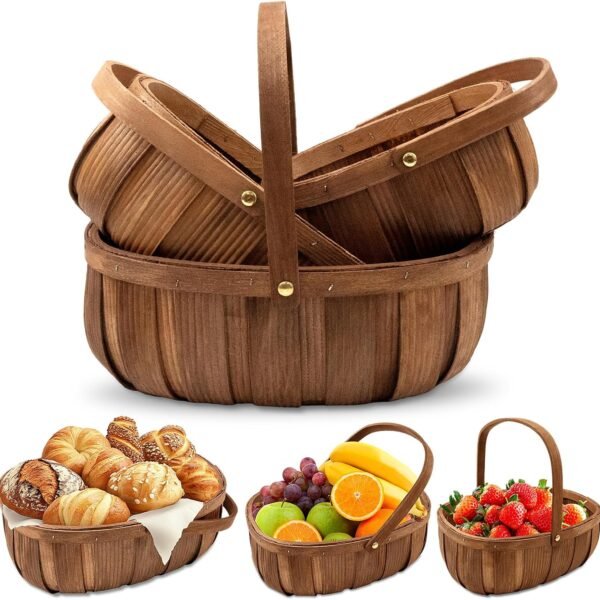 Wooden Bread and Storage Baskets with Handles, Set of 3