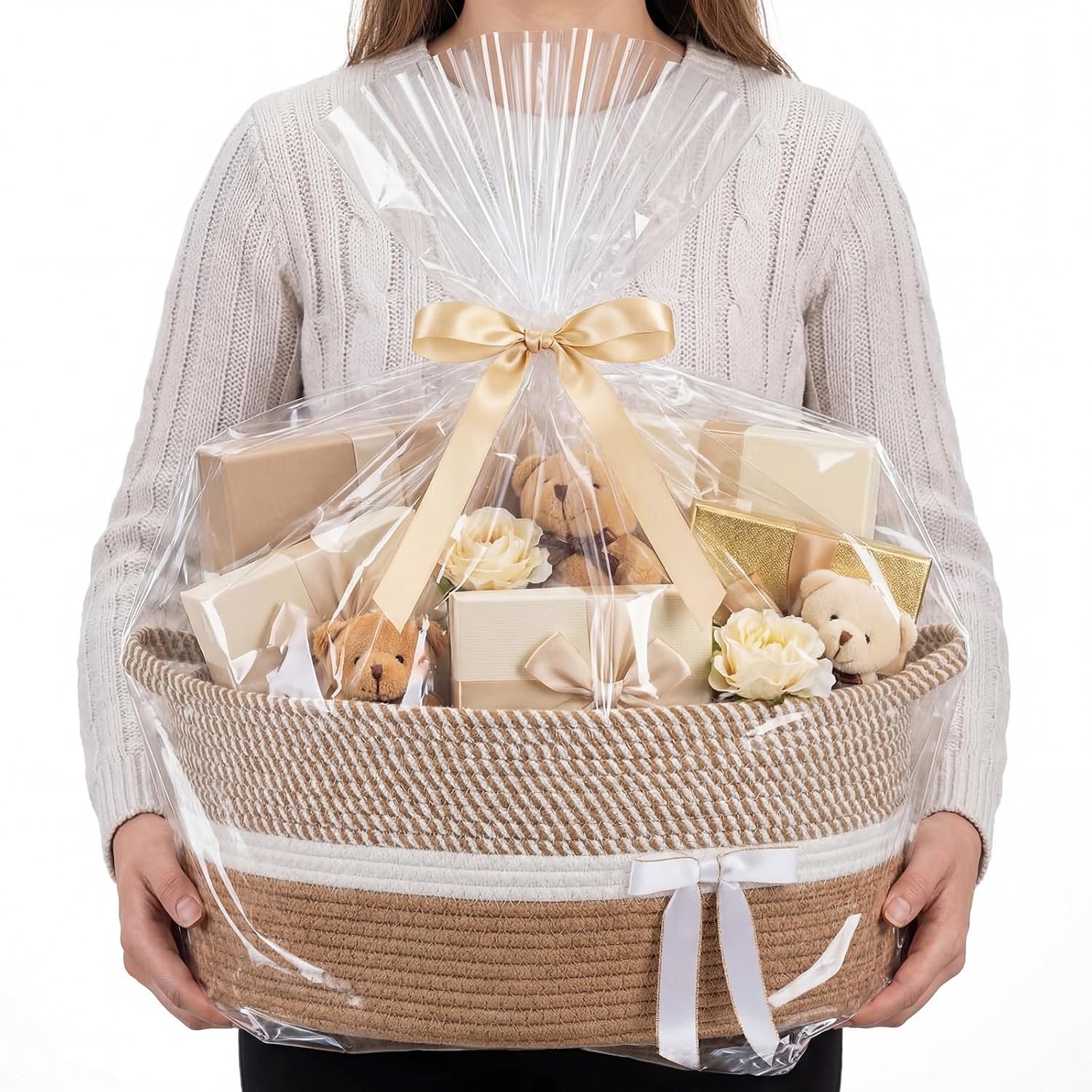 Large Woven Gift Basket with Bag and Ribbon, 17" x 13" x 7 6"