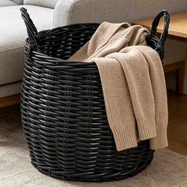 Round Woven Storage Basket with Handles, Black, 13" x 13" x 10 2"