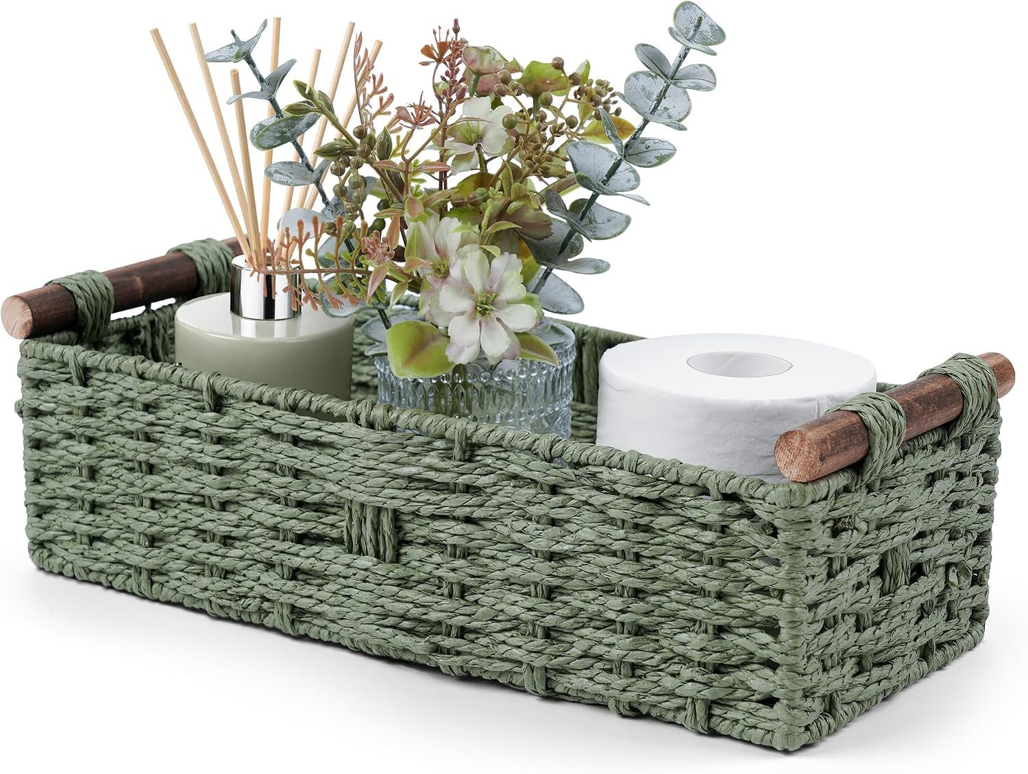 Round Woven Storage Basket with Handle, Green