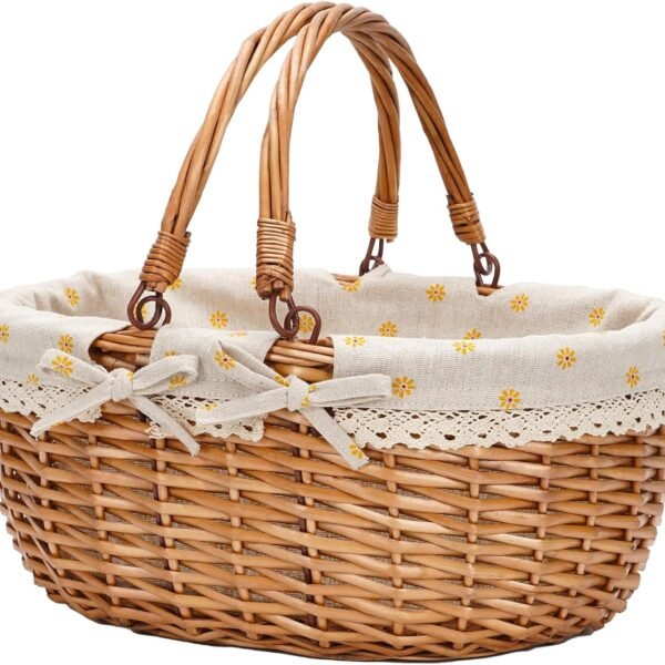 Wicker Picnic Basket with Folding Handles, Yellow