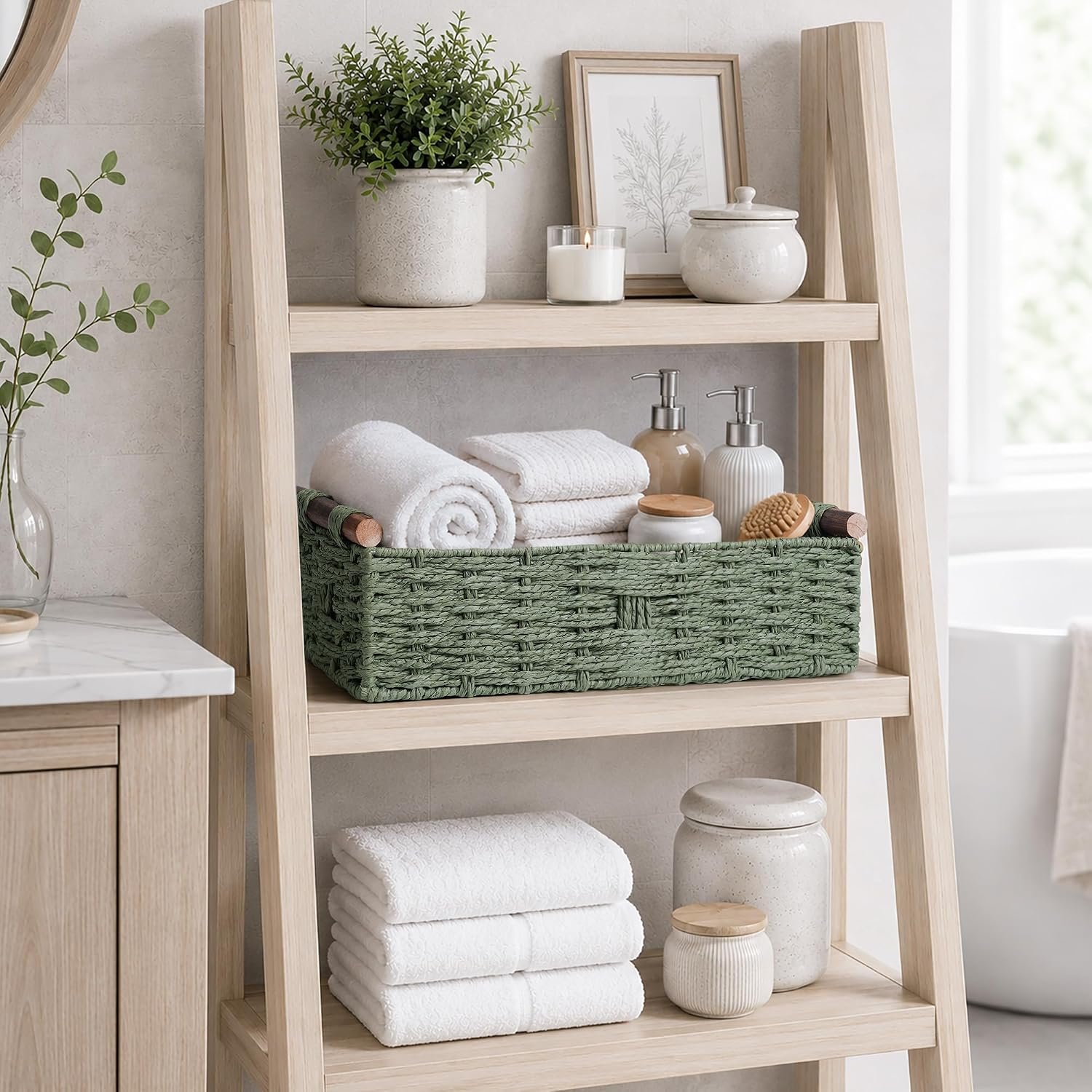 Round Woven Storage Basket with Handle, Green Image 2
