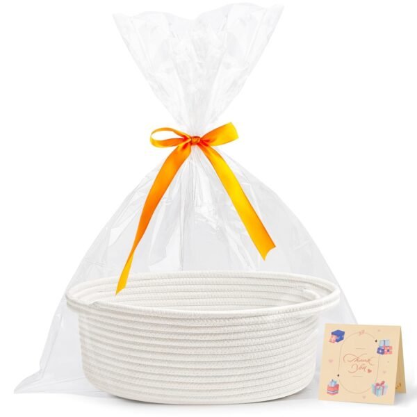Small Woven Gift Basket with Bags and Ribbons, 12" x 8" x 5", White
