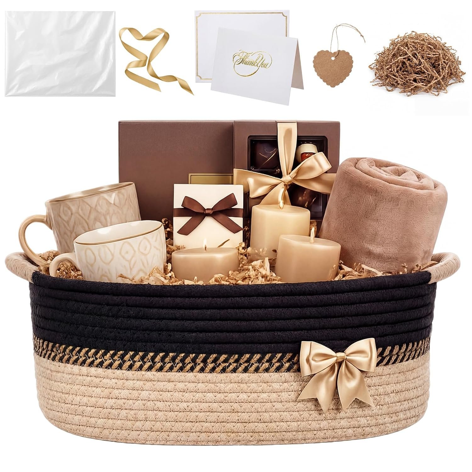 Large Woven Empty Gift Basket with Bag, Ribbon and Filler, 14" x 10" x 5 5"