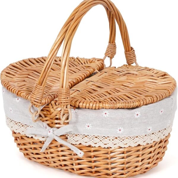Small Wicker Picnic Basket with Handle and Lid, 12"