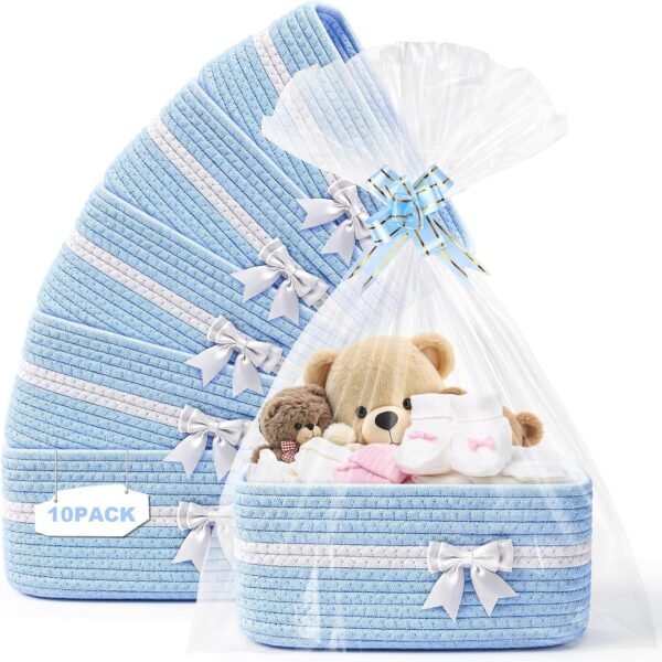 Small Woven Cotton Rope Gift Baskets with Bags and Ribbons, 10 Pack