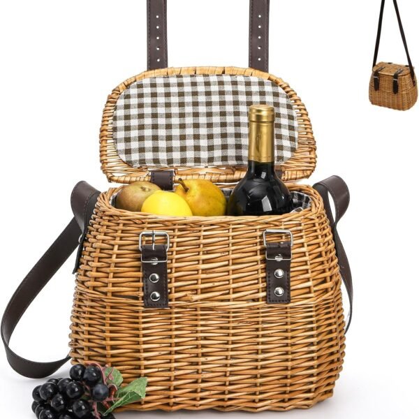 Wicker Picnic Basket with Lid, Lining and Shoulder Strap