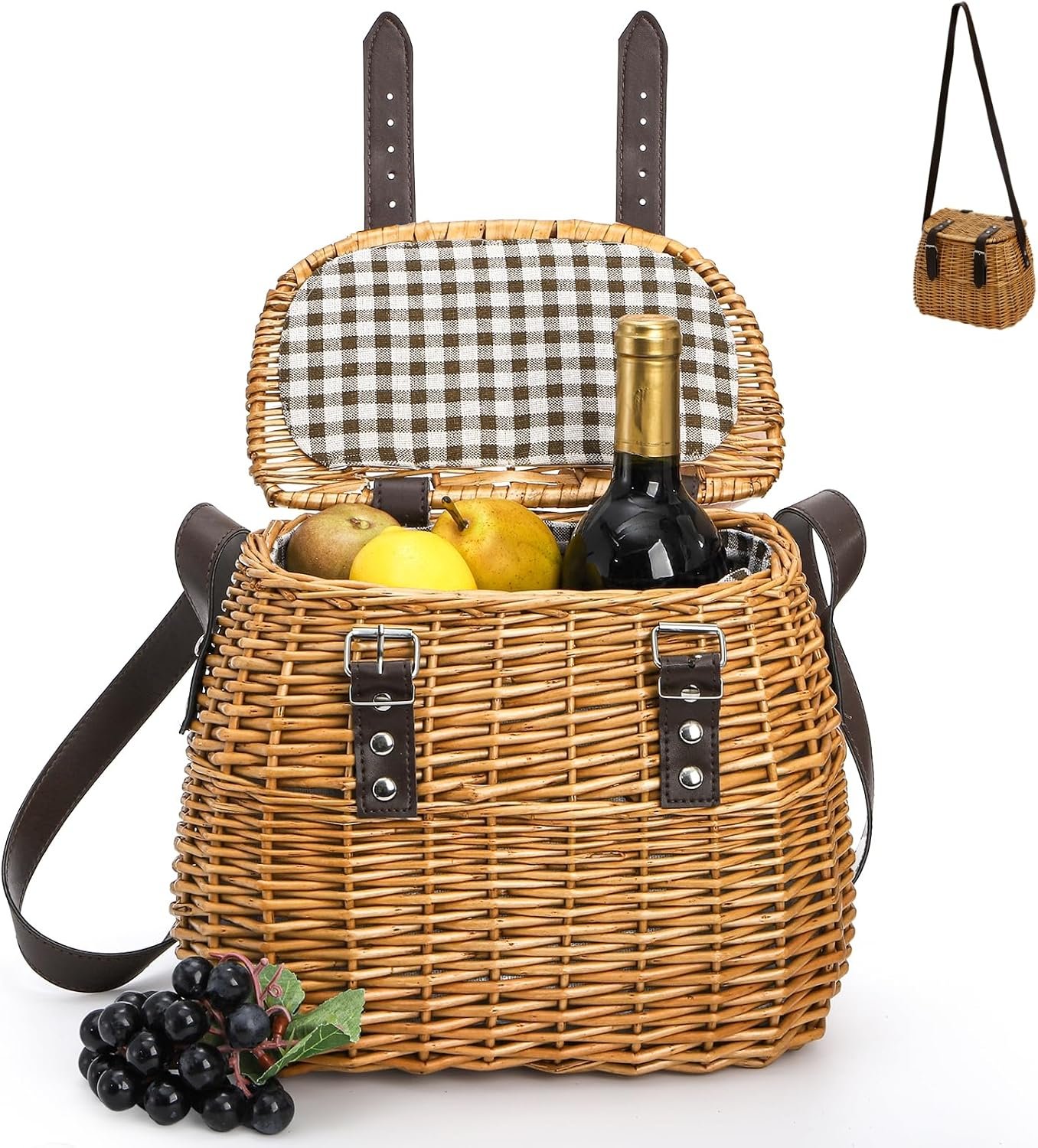 Wicker Picnic Basket with Lid, Lining and Shoulder Strap