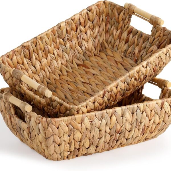 Large Woven Storage Baskets with Wooden Handles, Set of 2